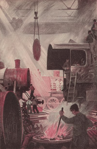 Bygning af et lokomotiv (farvelitografi) af Thornton Oakley