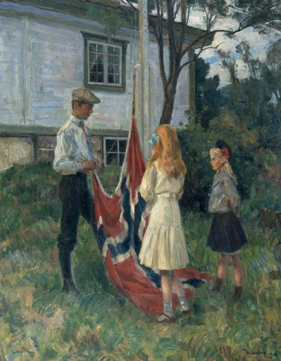 Børn hejser det norske flag af Thorolf Holmboe