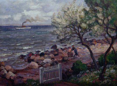 Sommerlandskab med havelåge og kvinde (olie på lærred) af Thorolf Holmboe