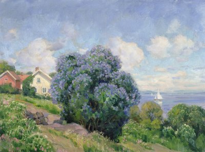 Sommerlandskab med syrenbusk, hus og sejlbåd (olie på lærred) af Thorolf Holmboe