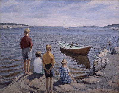 Børn ved kajen (olie på lærred) af Thorvald Torgersen