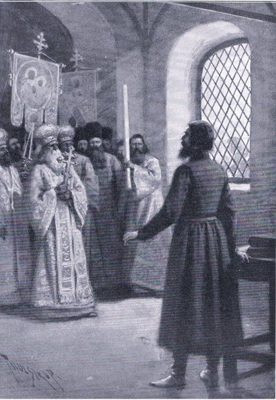 Boris Godunov på pension i klostret bad om at acceptere hans valg som zar, illustration fra Landmarks in European History udgivet af Gresham Publishing Co, ca. 1920 (litho) af Thure de Thulstrup