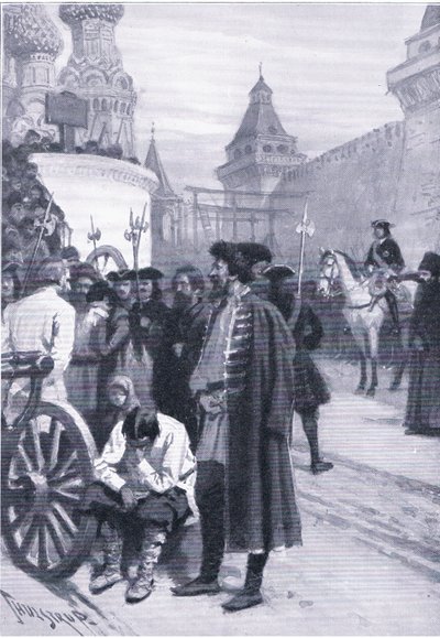 Udførelse af Strelitz under kommando af Peter den Store, illustration fra Landmarks in European History udgivet af Gresham Publishing Co, ca. 1920 (litho) af Thure de Thulstrup