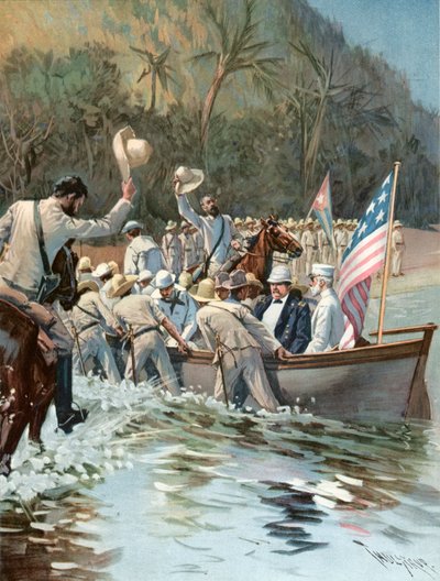 General Shafter og admiral Sampson lander på stranden ved Aserradero den 20. juni for at konferere med general Garcia af Thure de Thulstrup