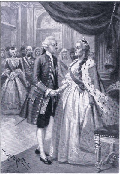 Møde mellem Catherine II af Rusland og Joseph II af Østrig, illustration fra Landmarks in European History udgivet af Gresham Publishing Co, ca. 1920 (litho) af Thure de Thulstrup