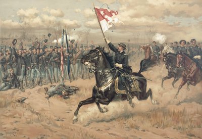 Sheridans berømte tur i slaget ved Cedar Creek Virginia i 1864 (farve litho) af Thure de Thulstrup