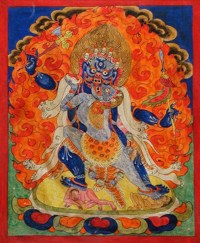 En skræmmende guddom i Yab-Yum, 19. århundrede (mineralpigmenter på bomuldsstof) af Tibetan School