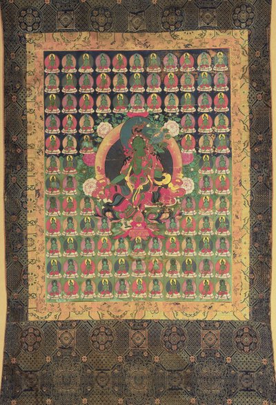 Grøn Tara, (gouache og forgyldt på bomuld) af Tibetan School