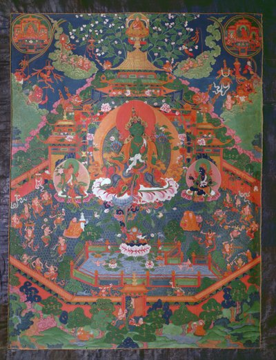 Thangka forestiller Green Tara (gouache på tekstil) af Tibetan School