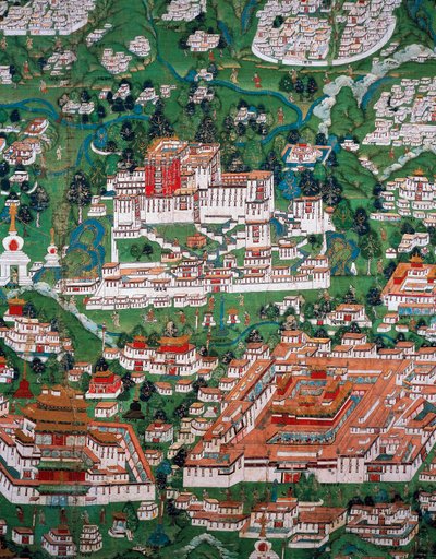Byen Lhasa og Potala, farvet gravering af Tibetan School