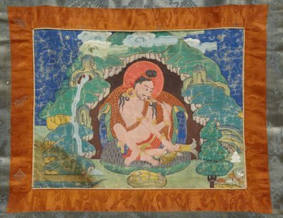 Mahasiddha Luipa, fra et delvist sæt thangkas, tidligt i det 19. århundrede (mineralpigmenter på størrelse bomuld; original brokade montering) af Tibetan School