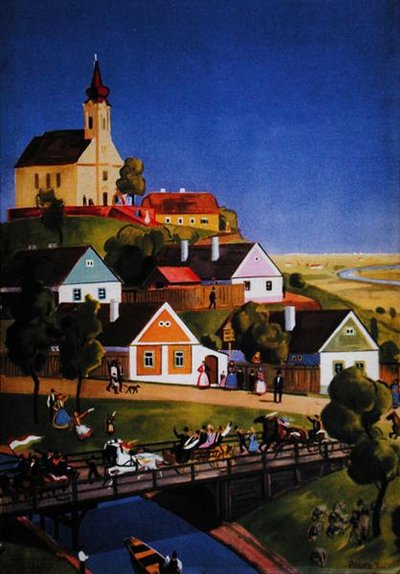 Den typiske ungarske landsby, illustration fra en turistbrochure, ca. 1930-40 (farve litho) af Tibor Polya