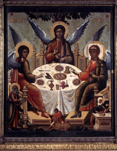 ""Abrahams gæstfrihed"" Abraham serverede lammet for de tre engle, som kom for at bede ham om gæstfrihed. Maleri af Tichon Filatyev (aktivt omkring 1675-1697) 1600-tallets katedral i Dormition i Kreml, Moskva af Tichon Filatyev