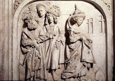 Grav af Henri II 973-1024 og hans kone Kunigunde, detalje af Kunigundes retssag ved ild på mistanke om utroskab, 1499-1513 sten af Tilman Riemenschneider