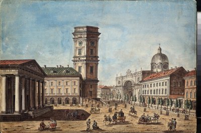 Udsigt over Nevskij Prospekt i Sankt Petersborg (Udsigt over Nevskij Prospekt i Sankt Petersborg) - Værk af Timofei Alexeyevich Vasilyev (1783-1838), akvarel og blæk på papir, omkring 1810 - Russisk kunst af Timofei Alexeyevich Vasilyev