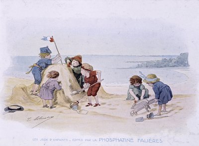 Børns spil: børn bygger et sandslot - dess. de Lobrichon, red. af Phosphatine Falières, v.1920 af Timoleon Marie Lobrichon