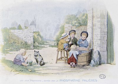 Børns spil: spillet om at fiske i en spand - dess. de Lobrichon, red. af Phosphatine Falieres, v.1920 af Timoleon Marie Lobrichon