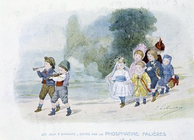 Børns spil: bryllupsoptog, børn forklædt som brude - dess. de Lobrichon, red. af Phosphatine Falières, v.1920 af Timoleon Marie Lobrichon