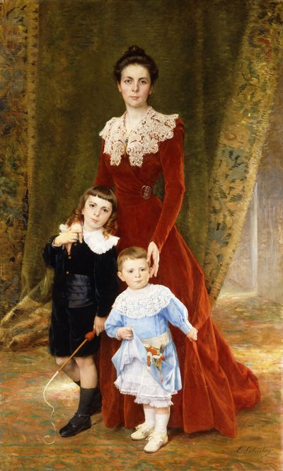 Portræt af en dame, stående i fuld længde, med hendes børn, af Timoleon Marie Lobrichon