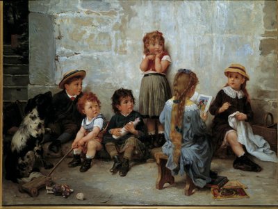 Den spændende passage Børn lytter til en bog. Maleri af Timoleon Lobrichon (1831-1914) 1800-tallet. Privat samling af Timoleon Marie Lobrichon