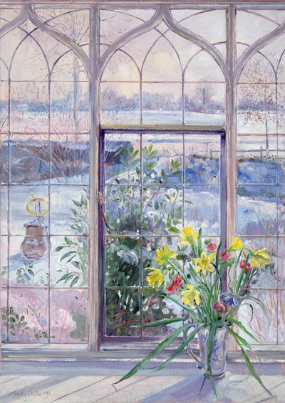 Påskeliljer og solur mod sneen af Timothy Easton
