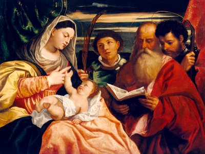 Madonna og barn med de hellige Stephen, Jerome og Maurice (olie på lærred) af Titian (c.1488-1576) (after)