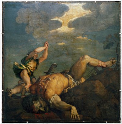 David og Goliat. Fresko ... (fresko) af Titian (c.1488-1576)