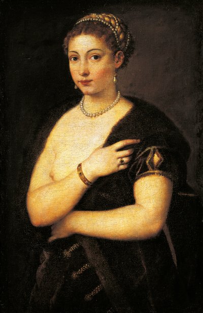 Pige i pels, af Titian (ca 1490-1576), olie på lærred 95x63 cm af Titian (c.1488 1576)