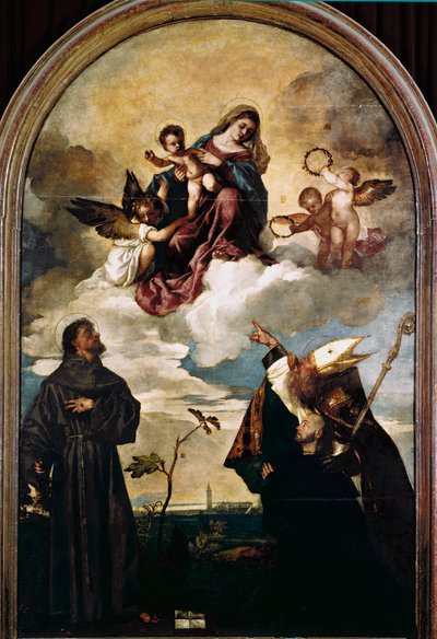 Madonna i herlighed med Child, Saints Francis og Alvise og donoren Luigi Gozzi af Titian (c.1488 1576)