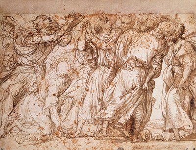 Studie af gruppen af apostle i Frari-kirken i Venedig, Tiziano Vecellio (ca 1490-1576), pen- og blæktegning af Titian (c.1488 1576)