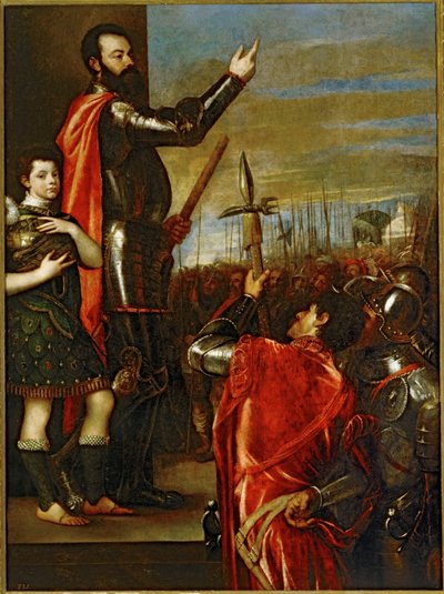 Markisen af Vasto taler til sine soldater ... (maleri på lærred) af Titian (c.1488-1576)