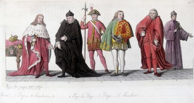 Nobles Venitians (Doge, Page og Senator). Gravering inspireret af Tiziano Vecellio kendt som Le Titian (1485-1576) og replikeret i mosaikkerne i Markusbasilikaen. I "" Den gamle og moderne dragt"" 1819-1820, af Jules Ferrario. af Titian (c.1488 1576) (after)
