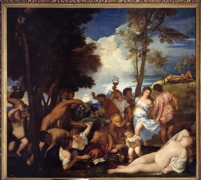 Ankomst af Bacchus på øen Andros (Bacchanal of the Andrii). Ankomst fra Bacchus på Andros Island. Billede, der forestiller festen af ​​satirer og bacchanter til ære for den guddommelige Bacchus (Baccanal). Maleri af Tiziano Vecellio kaldet Tizianen (1485-1 af Tiziano Vecelli