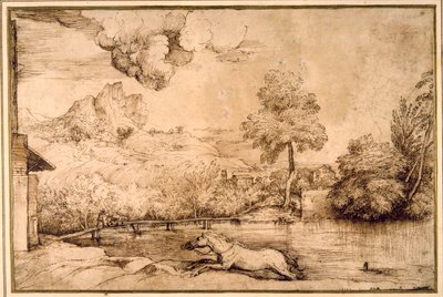 Landskab: en rytterløs hest forfulgt af en slange (pen og brunt blæk på cremepapir) af Titian (c.1488 1576)
