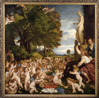 Offrande a Venus Små amours (angelots) samles for at hylde gudinden Aphrodite - Maleri af Tiziano Vecellio kaldet Titian (1485-1576) 1518 Sun. 1,72 X 1,75 m Madrid musee du Prado - Tilbedelsen af Venus - Maleri af Tiziano Vecellio kaldet Tit af Tiziano Vecelli