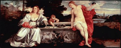 Hellig kærlighed og verdslig kærlighed Maleri af Tiziano Vecellio kaldet Titian (1490-1576) 1515 ca. Sol. 118x279 cm Rom, Galleria Borghese - Hellig og profan kærlighed - Maleri af Tiziano Vecellio, kaldet Titian (ca. 1488-1576), olie på lærred, ca. 1515 ( af Tiziano Vecelli