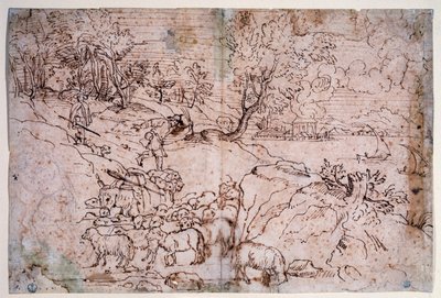 Studie af landskab med får af Titian (c.1488 1576)