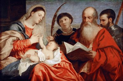 Jomfruen og barnet med de hellige Stephen, Hieronymus og Maurice - Tizian (1488-1576). Olie på træ, ca. 1520. Mål : 92,7x138 cm. Kunsthistorisk Museum, Vienne af Titian (c.1488 1576)