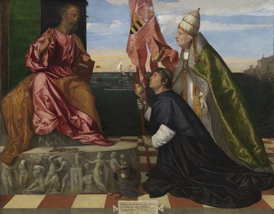 Hollandsk: Jacopo Pesaro, biskop af Paphos, bliver præsenteret af pave Alexander VI Borgia til Sankt Peter Jacopo Pesaro, biskop af Paphos, bliver præsenteret af pave Alexander VI til Sankt Peter af Titian