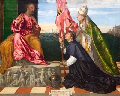 Hollandsk: Jacopo Pesaro, biskop af Paphos, bliver præsenteret af pave Alexander VI Borgia til Sankt Peter Jacopo Pesaro, biskop af Paphos, bliver præsenteret af pave Alexander VI til Sankt Peter af Titian