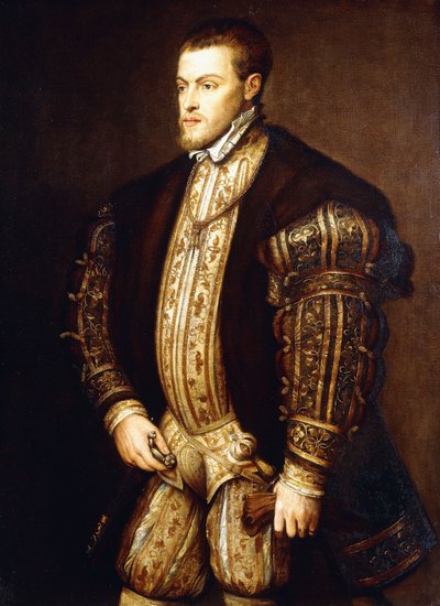 Portræt af kong Filip II af Spanien, trekvart længde, iført halv rustning og mærket af det gyldne skind, af Tiziano Vecelli