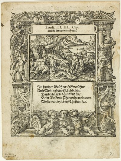 Moses and the Burning Bush (recto) og The Infant Moses Put into the River (verso) fra Neue künstliche Figuren biblischer Historien, plade 55 fra Træsnit fra Books of the XVI Century af Tobias Stimmer