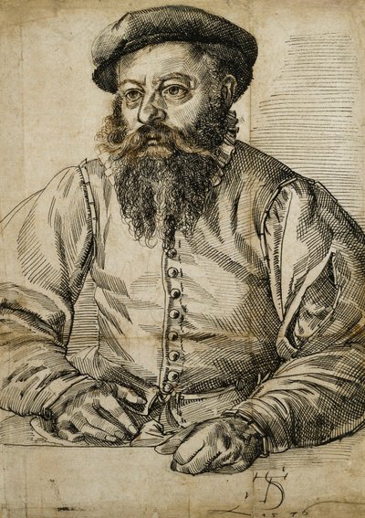 Portræt af en skægget mand, halvlængde, siddende ved et bord, af Tobias Stimmer