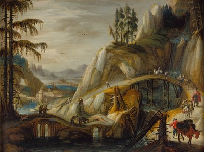 Rejsende i et alpint landskab (olie på panel) af Tobias Verhaecht