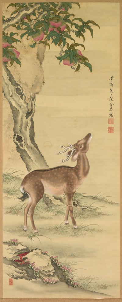 Symboler for lang levetid: Deer under Peach and Pine, 1801. af Toda Tadanaka