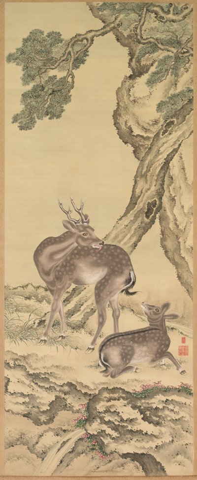 Symboler for lang levetid: Hjorte under Peach og Pine Peach venstre, 1801. af Toda Tadanaka