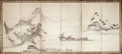 Rejsende på en bro ved søen, ca. 1700 (blæk og farve på papir) af Toetsu Toetsu