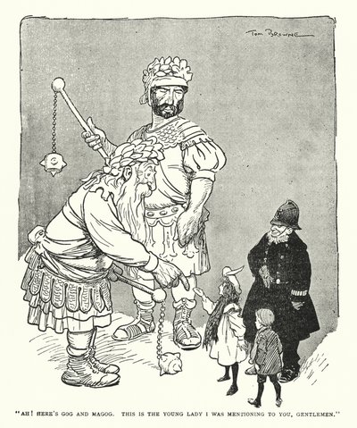 "Ah! Her er Gog og Magog, det er den unge dame, jeg nævnte for jer, mine herrer" (litho) af Tom Browne