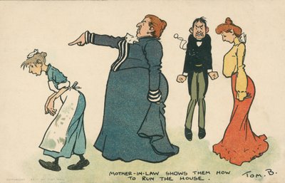 Dominerende svigermor instruerer et ungt par i, hvordan de skal styre deres husholdning (farve litho) af Tom Browne
