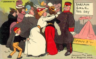 Johnnys mor går på udsalg (farvelitografi) af Tom Browne